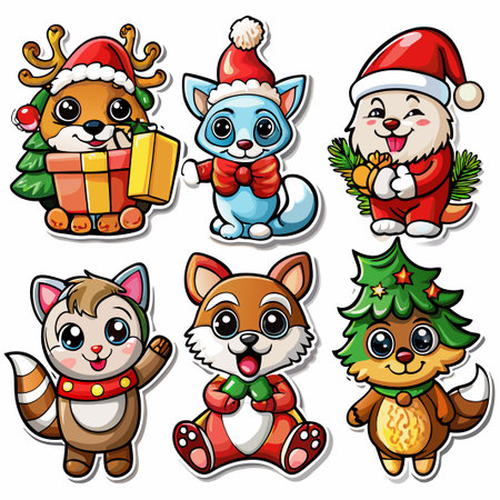 Six adorable cartoon animals in Christmas costumes. (82)の素材