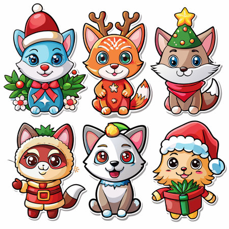 Six adorable cartoon animals in Christmas costumes. (81)の素材