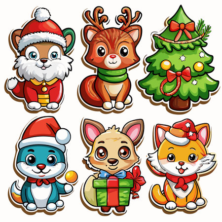 Six cute cartoon Christmas animals.の素材