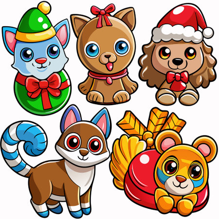 Five adorable cartoon pets in festive attire.の素材