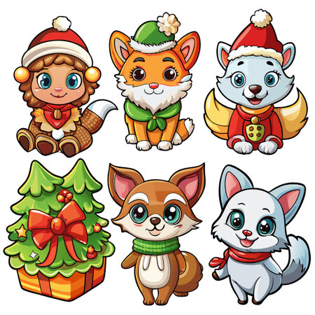 Six adorable cartoon animals in winter attire, plus a Christmas tree.の素材