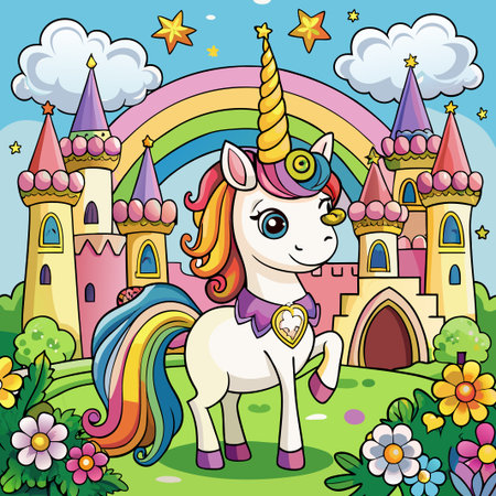Cute rainbow unicorn in fairytale castle.の素材