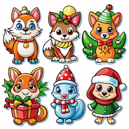 Six adorable cartoon animals in festive Christmas attire. (36)の素材