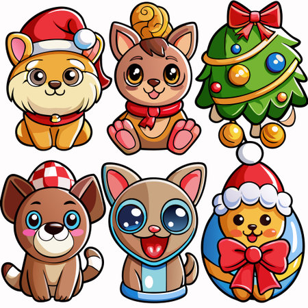 Six adorable cartoon puppies in Christmas attire. (2)の素材