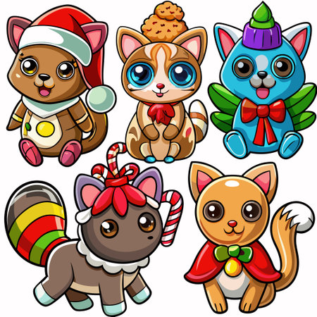 Five adorable cartoon cats in festive attire.の素材