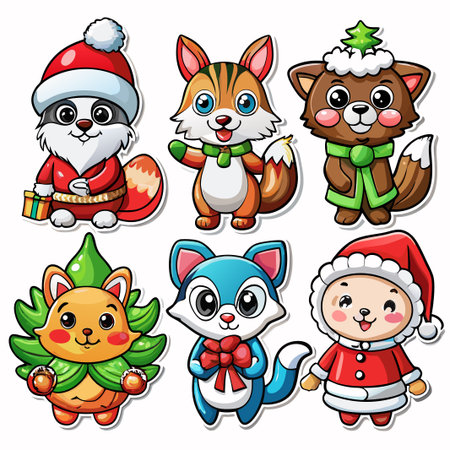 Six cute cartoon animals in Christmas costumes.の素材