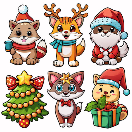 Six adorable cartoon animals celebrating Christmas.の素材