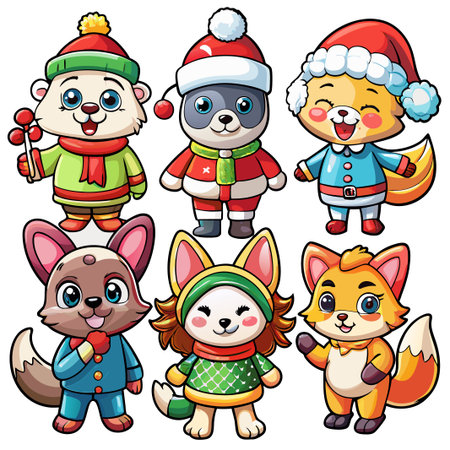 Six adorable cartoon animals in winter clothes.の素材