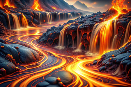 Lava flows cascading over volcanic landscape; fiery waterfallsの素材