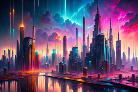Futuristic Cityscape Dawn with Neon Lights and Falling Starsの素材