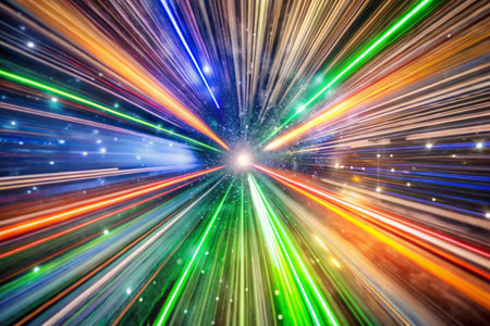 Colorful light streaks radiating from central point, night sky background, zoom effect,  abstract designの素材