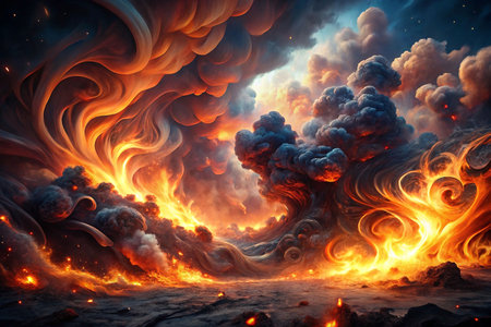 Fiery clouds clashing over a ravaged landscapeの素材