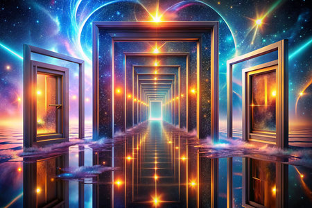 Cosmic doorways, reflective pathway, starry sky backgroundの素材