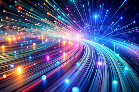 Colorful light streaks, digital tunnel, city lights background. Abstract futuristic networkの素材