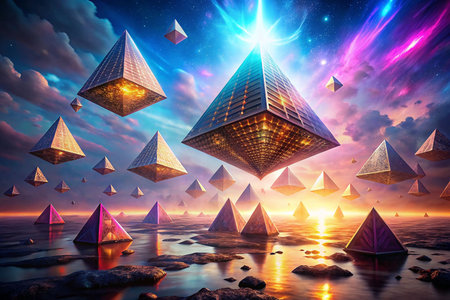 Floating Pyramids, Sunrise, Cosmic,  Sea Shore, Otherworldly, Future,  Spaceshipの素材