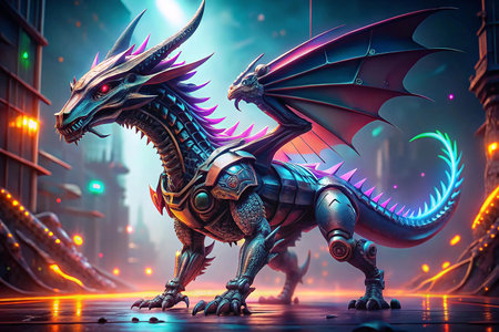 Cyber Dragon Stands Guard in Neon Cityの素材