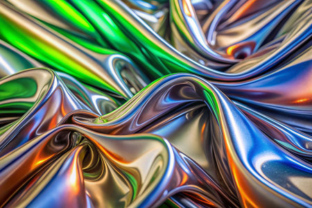 Abstract, colorful, flowing, metallic fabric, swirling patterns in backgroundの素材