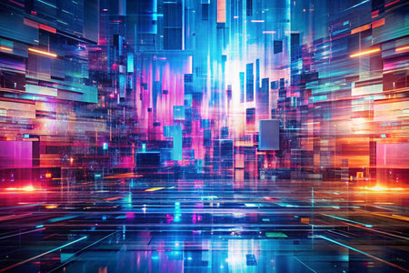 Futuristic city, glowing blocks, vibrant lights, digital speedの素材