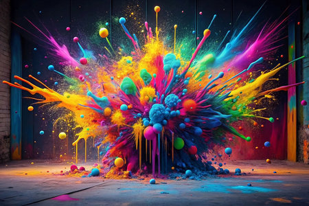 Colorful paint explosion on floor, dark room backgroundの素材