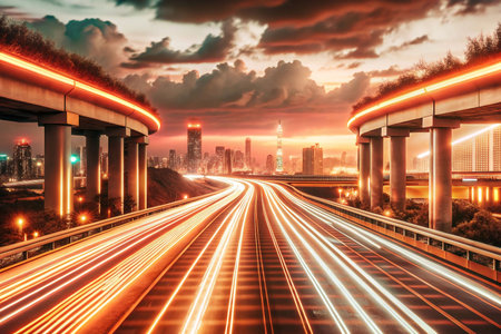 City highway sunset traffic illuminated overpassの素材