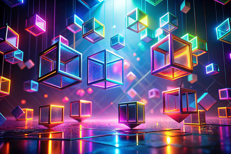 Colorful cubes floating in vibrant digital spaceの素材