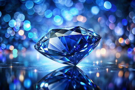 Blue diamond, elegant display, on reflective surface, bokeh backgroundの素材