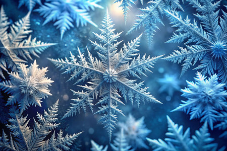 Detailed winter snowflakes, close-up, dark background, bokeh effectの素材