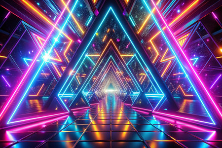 Neon triangle tunnel, vibrant light, futuristic corridor, star-speckled backgroundの素材