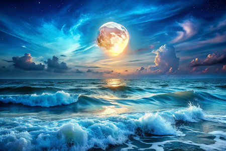 Cosmic moonrise over ocean wavesの素材