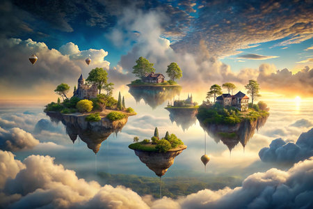 Floating islands, sunset, clouds, fantasy, villagesの素材
