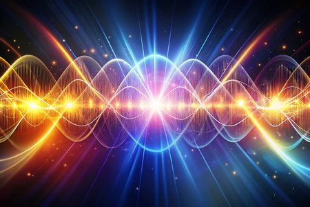 Abstract energy waves radiate from a central point, illuminating a dark backgroundの素材