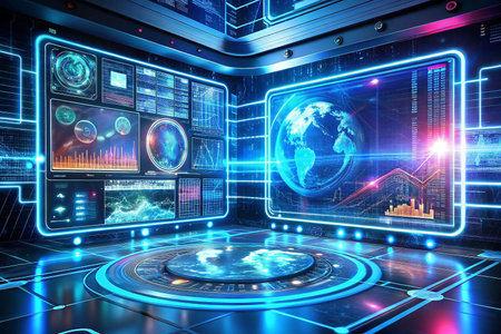 Futuristic control room with global data displaysの素材