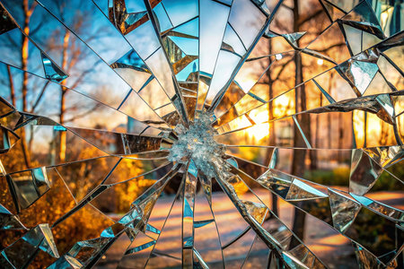 Shattered glass window reflects park at sunsetの素材