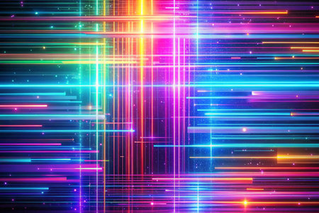 Colorful neon lines crisscrossing on dark backgroundの素材