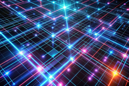 Futuristic network grid, glowing lines, abstract city, data flow, digital technology, use presentation backgroundの素材