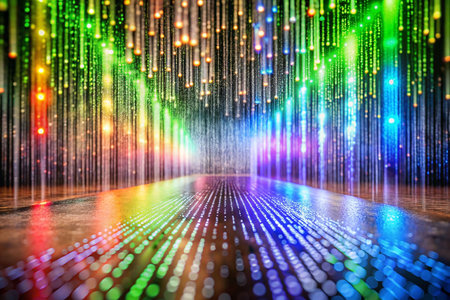 Colorful light streams cascade down, creating an illuminated stageの素材