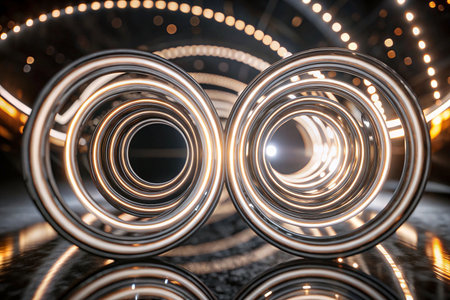 Abstract glowing rings in dark tunnel,  futuristic designの素材