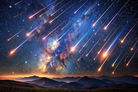 Meteor Shower Over Mountain Range at Nightの素材
