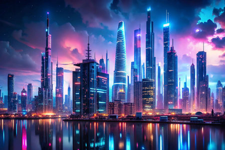 Futuristic cityscape at twilight reflecting in waterの素材
