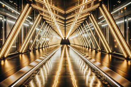 Modern illuminated tunnel, reflecting pathway, futuristic interiorの素材