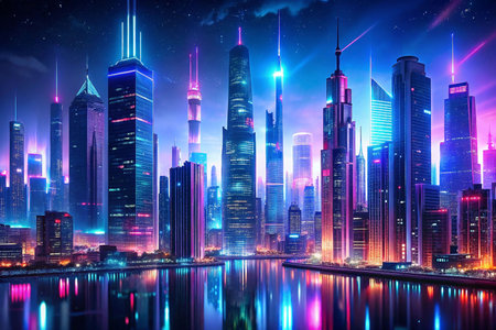 Neon cityscape skyline at night reflecting in waterの素材