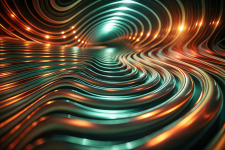 Abstract metallic tunnel with swirling curves, glowing lightsの素材