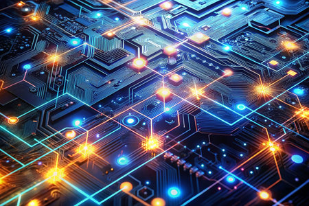 High-tech circuit board network, glowing connectionsの素材