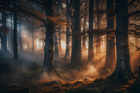 Golden Sunlight Pierces Misty Forestの素材