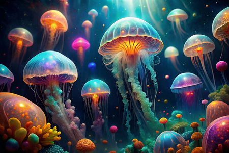 Colorful jellyfish in vibrant underwater sceneの素材
