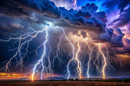 Dramatic lightning storm over a field at sunsetの素材
