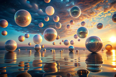Floating spheres on water at sunset, surreal cloudscapeの素材