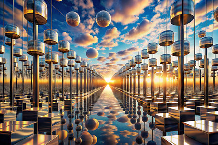 Futuristic metal pathway at sunrise, reflecting spheresの素材