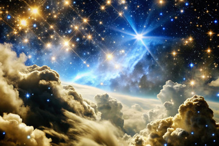 Cosmic clouds, night sky, dazzling star, celestial view, inspiring imageの素材