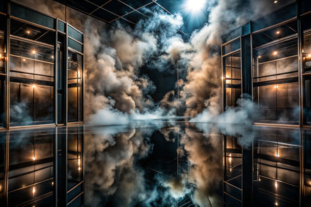 Modern smoky room reflection, dramatic lightingの素材
